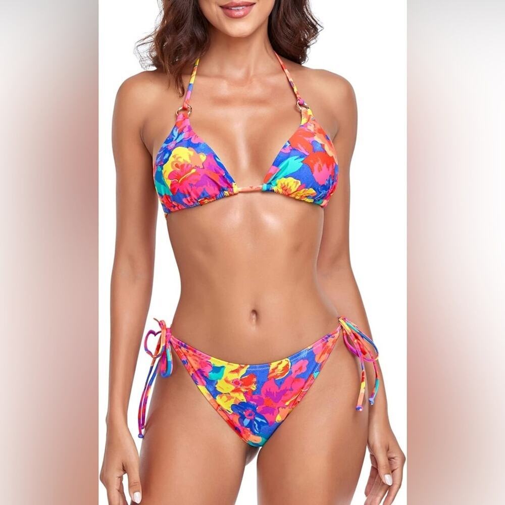 Floral Two Piece Triangle Bikini Set With Gold Details | Colorful Size Large